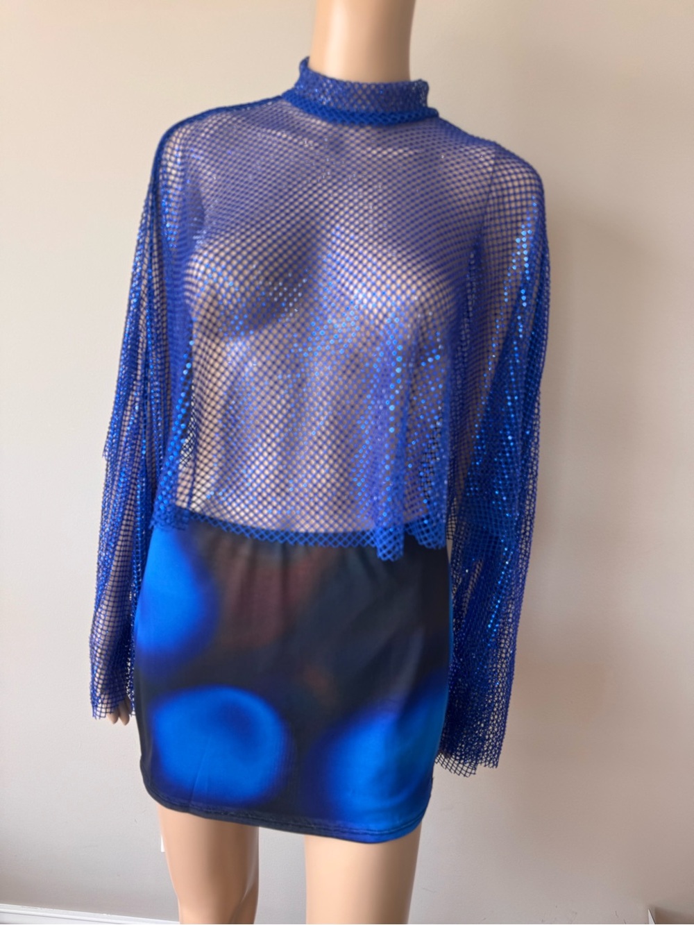 AKIRA Royal Blue Sheer Mesh Bell Sleeve Top High Neck Club Festival NW